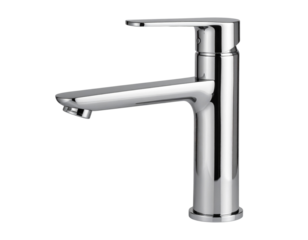 Modern Chrome Faucet with Curved Neck and Polished Finish, Side Profile View, Isolated