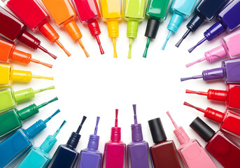 A vibrant arrangement of nail polish bottles in a circular pattern, showcasing a spectrum of colors from red to purple, with some bottles having brushes raised.