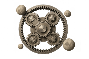 Precision metal cogwheels interlocking, planetary gears rotating synchronously, representing technological innovation against transparent background