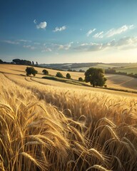 Golden wheat field under a vast blue sky with rolling hills and trees at sunset