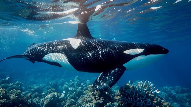 An orca whale swim underwater 
