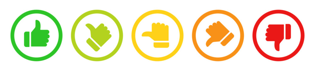Like, dislike, neutral, thumbs up, thumbs middle, thumbs down hand gestures, Rating and feedback satisfied, unsatisfied, neutral survey icons set, vector illustration. © TheOrigins