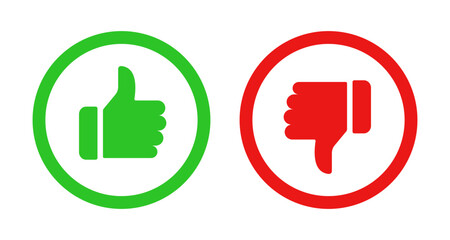 Like, dislike, thumbs up, thumbs down icon set in red and green color in line circle for feedback, vector illustration.