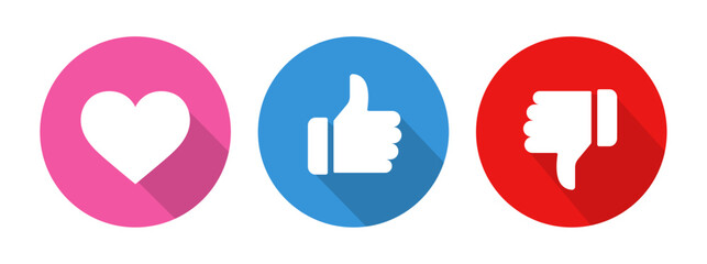 Like, dislike, thumbs up, thumbs down, heart social media feedback icons in red, blue and pink color shadow style, vector illustration. © TheOrigins