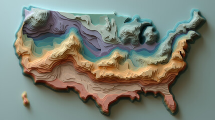 Detailed Topographic USA Map Art: Colorful Layered Design with Aesthetic Appeal