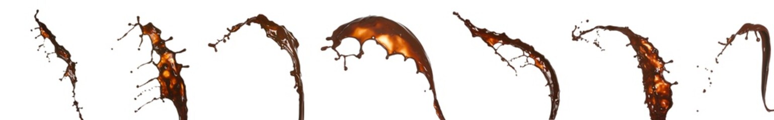 Many splashes of hot chocolate on white background