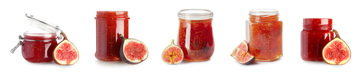 Set of sweet fig jam on white background