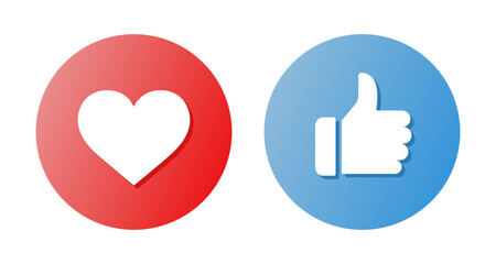 Heart, like, thumbs up social media feedback icons in red and blue gradient, vector illustration.
