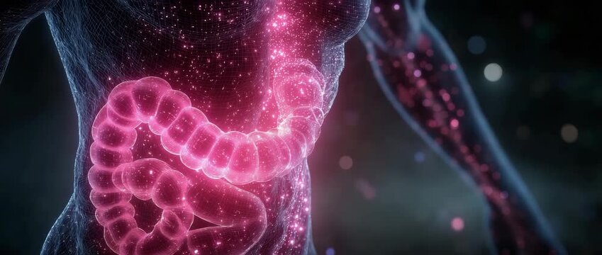 Conceptual animation depicting colon cancer and a man's anatomy