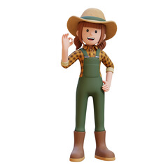 3D Female Farmer Character gives an okay hand sign