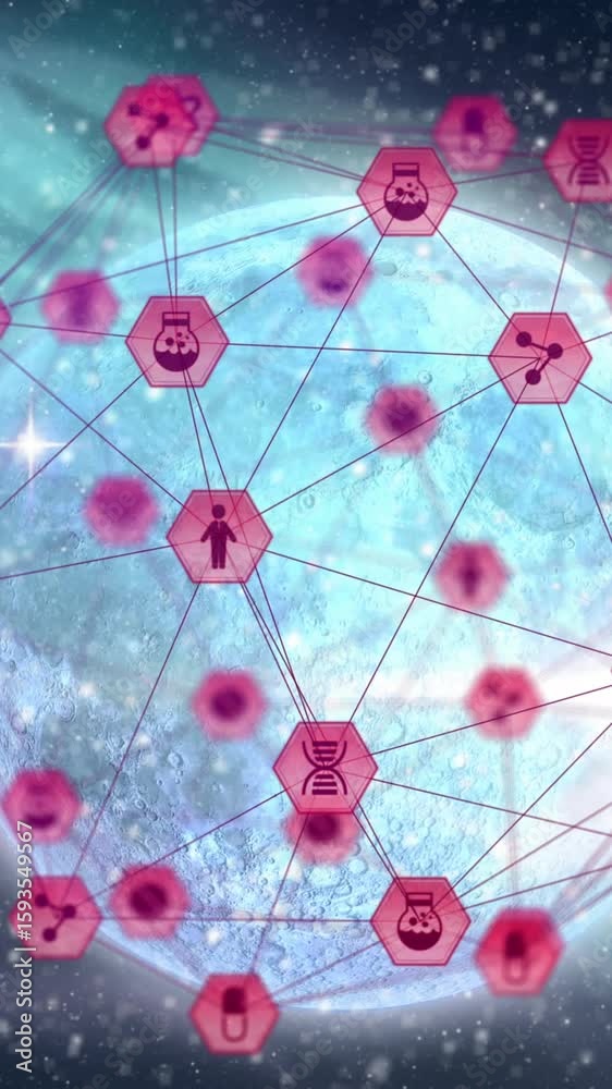 Poster animation of globe with network of connections and data processing