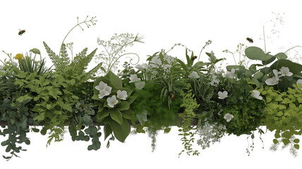Lush greenery and delicate white flowers border isolated on transparent background