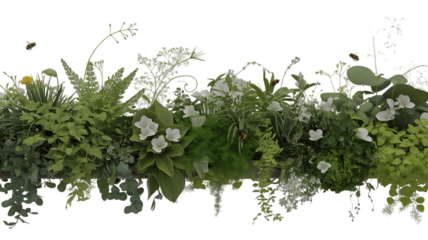 Lush greenery and delicate white flowers border isolated on transparent background