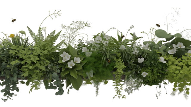 Lush greenery and delicate white flowers border isolated on transparent background - Powered by Adobe