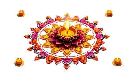 Embossed large circular rangoli made of colored powders and flowers, burning diyas placed at every edge.