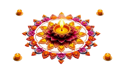 Embossed  large circular rangoli made of colored powders and flowers, burning diyas placed at every edge.