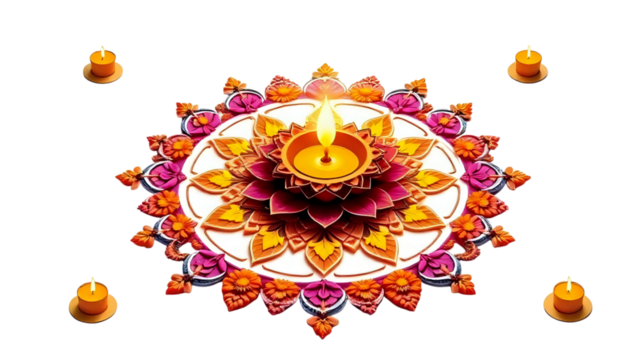 Embossed  large circular rangoli made of colored powders and flowers, burning diyas placed at every edge.