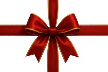 Shiny red ribbon with golden edges tied in a bow over a transparent background, perfect for gift wrapping and festive decorations