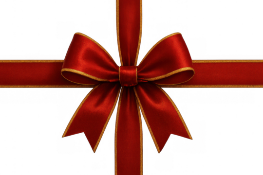 Shiny red ribbon with golden edges tied in a bow over a transparent background, perfect for gift wrapping and festive decorations