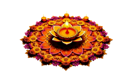 Embossed  large circular rangoli made of colored powders and flowers, burning diyas placed at every edge.
