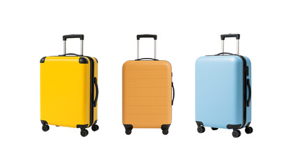 Colorful standing travel suitcases front view with handles and spinner wheels hard shell compact luggage for holiday vacation or business isolated on transparent background