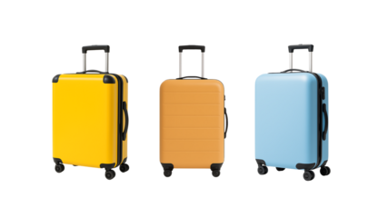 Colorful standing travel suitcases front view with handles and spinner wheels hard shell compact luggage for holiday vacation or business isolated on transparent background