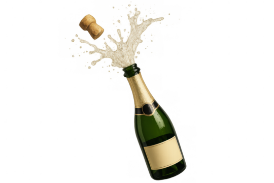 Green bottle of champagne exploding with cork and foam popping out, isolated on transparent background
