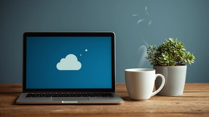 Laptop displaying cloud icon, next to a coffee cup and plant. Cloud storage concept. - Powered by Adobe
