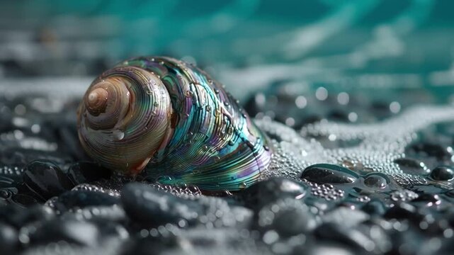 Close-up of a beautiful iridescent seashell resting on dark wet pebbles, with splashing water.
