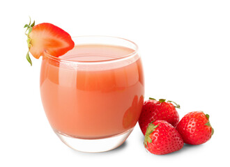 Glass with tasty strawberry smoothie on white background
