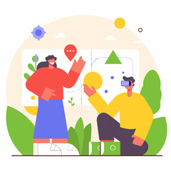 Fototapeta premium Two friends engaging in a cheerful conversation while playing a virtual game in a bright, colorful setting