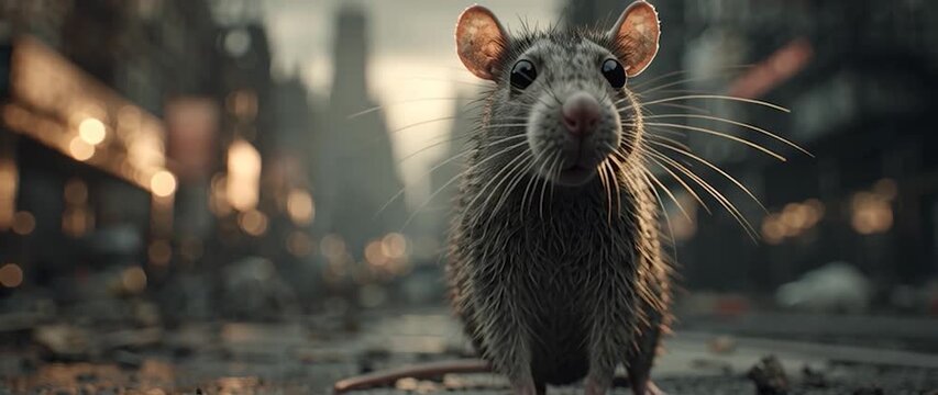 Anamorphic video Dirty rat standing in the middle of an empty city street, symbolic mood of fear and contamination