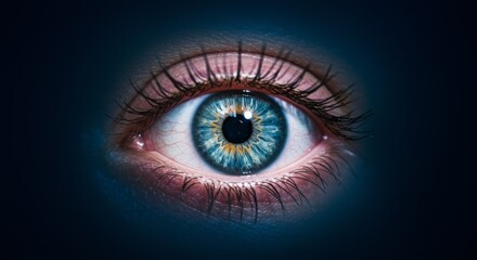 Fototapeta premium Human Eye Macro with Vibrant Blue Iris on Dark Background