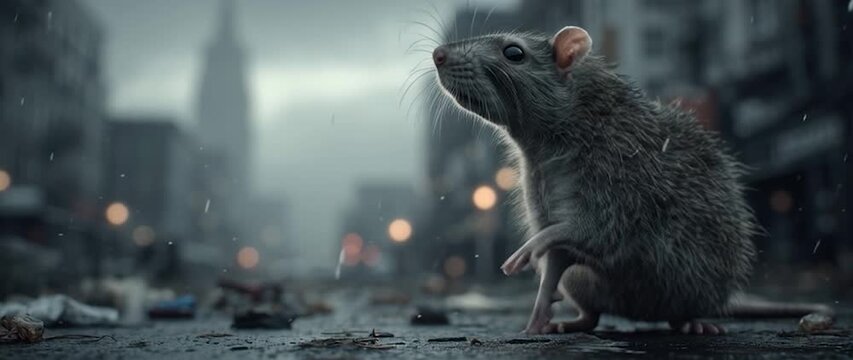 Anamorphic video Dirty rat standing in the middle of an empty city street, symbolic mood of fear and contamination