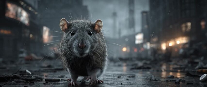 Anamorphic video Dirty rat standing in the middle of an empty city street, symbolic mood of fear and contamination