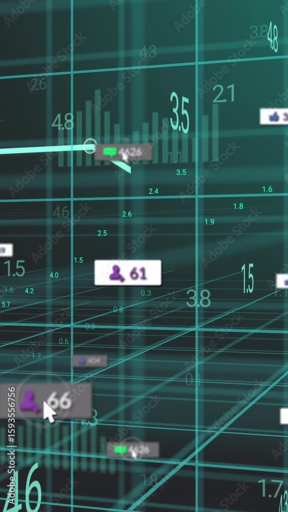Aufkleber animation of graph over numbers and icon in message boxes with changing numbers and graphs