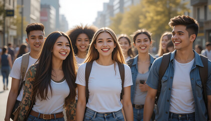Happy Young Friends Walking on City Street Together

