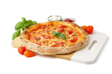Board with tasty pizza Margarita and basil on white background