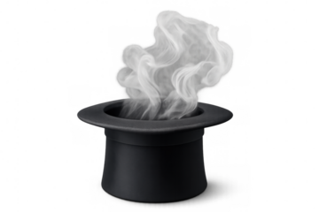 Mysterious black magician's top hat emitting swirling smoke, revealing magical illusion against transparent backdrop