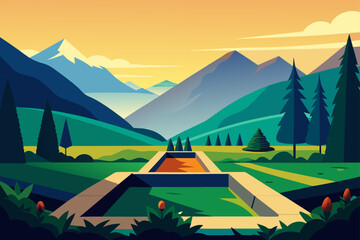 Geometric mountain landscape with reflecting pool at sunset