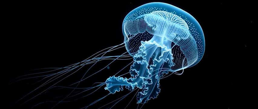 Anamorphic video Jellyfish swimming in deep ocean, jellyfish isolated on black with alpha