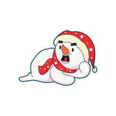 Snowman cartoon character with a red Santa hat and scarf lying down. Great for Christmas, winter decorations, greeting cards, children’s materials, and holiday-themed artwork.