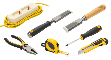 Assorted Hand Tools and Power Strip for DIY Projects