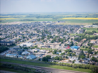 Small town with a blue house in the middle