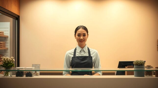 Smiling Asian waitress wearing a black apron stands behind a bakery counter, ready to serve customers with a welcoming attitude.