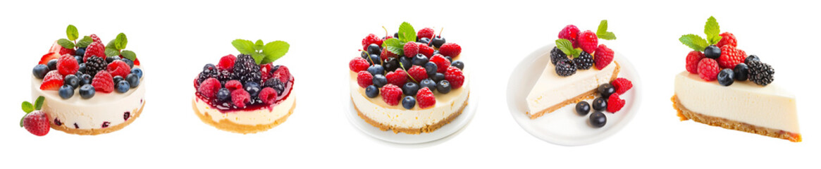 Delicious Berry Cheesecake Assortment: A tempting display of creamy cheesecakes adorned with a vibrant mix of fresh berries, creating a delightful dessert experience.