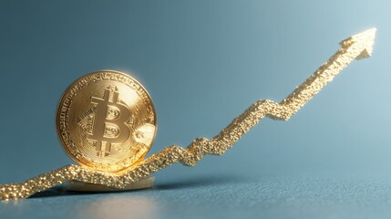 A gleaming gold bitcoin on a vibrant blue background showcasing the rising value and popularity of digital currency