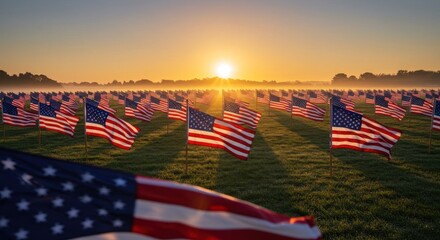 A solemn tribute: American flags undulating in a misty field bathed in golden sunrise hues