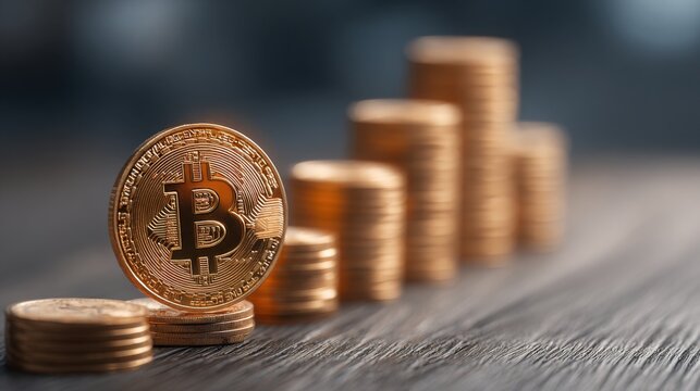 Bitcoin coin resting on a table representing macro tailwinds in cryptocurrency market with clean icon visual design