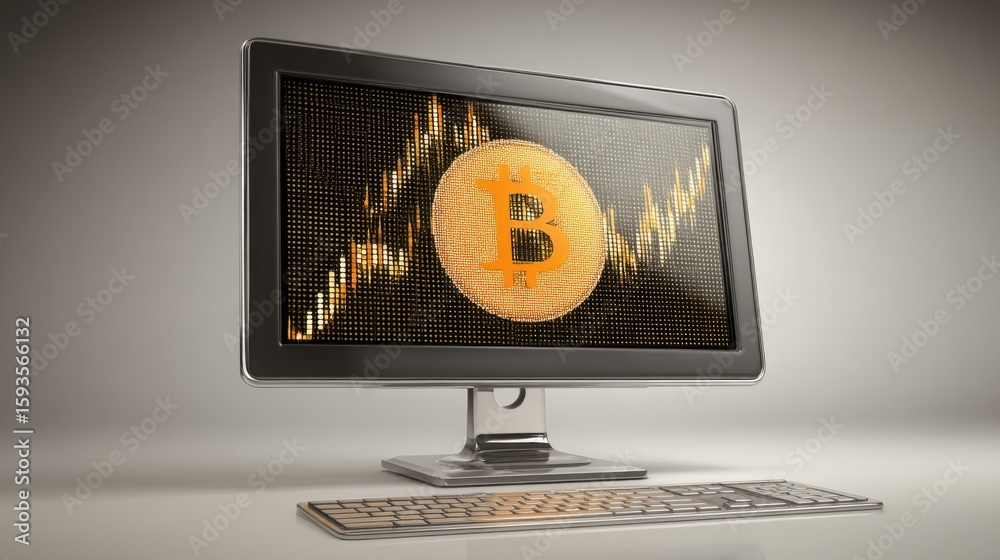 Poster computer monitor featuring bitcoin coin on dashboard representing record highs in cryptocurrency mar